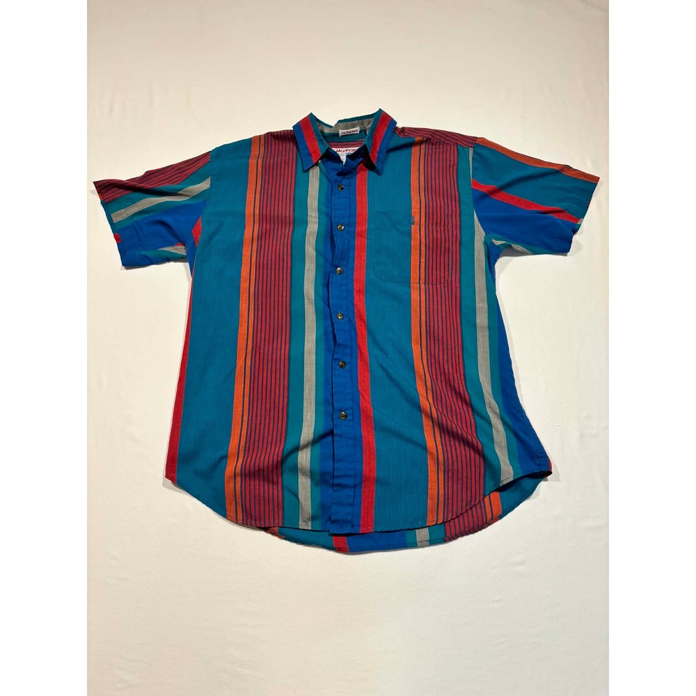Vintage Manhattan Mens Large Multi Color Striped Short Sleeve Button Down Shirt